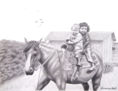 Two Children on Horseback in the 1940s - Graphite