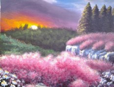 Pink Floral Bushes at Sunset - Acrylics