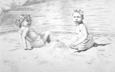 Two Children at the Beach in the 1940s - Graphite